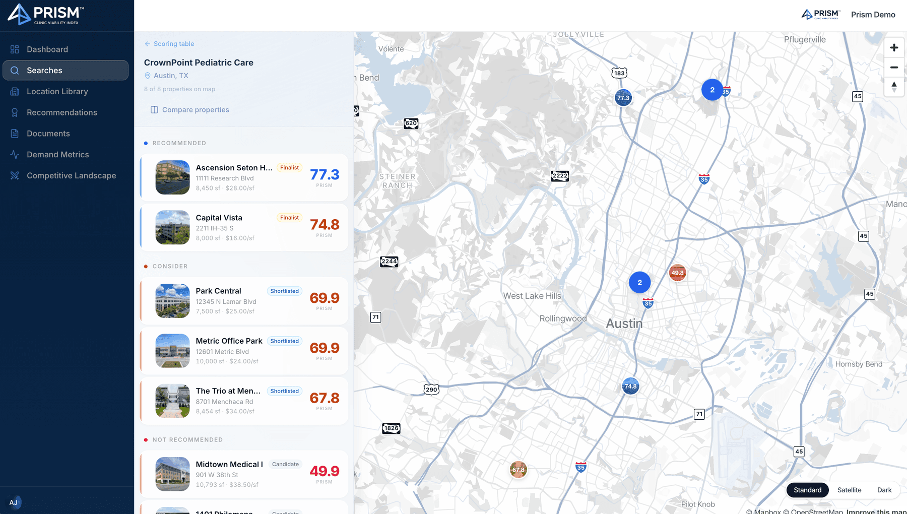 Prism map view — candidate sites plotted with a ranked comparison sidecard across the market.