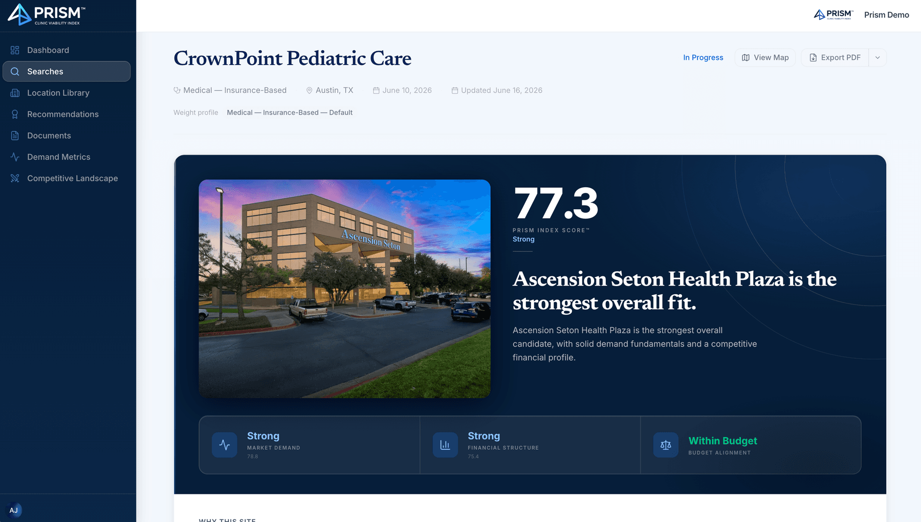 Prism search overview — a candidate site scored with its overall PRISM Index and supporting signals.